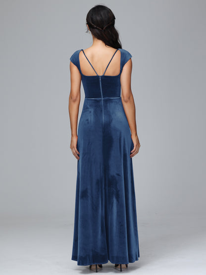 Cap Sleeves Velvet Bridesmaid Dress With Slit