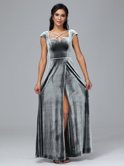 Cap Sleeves Velvet Bridesmaid Dress With Slit