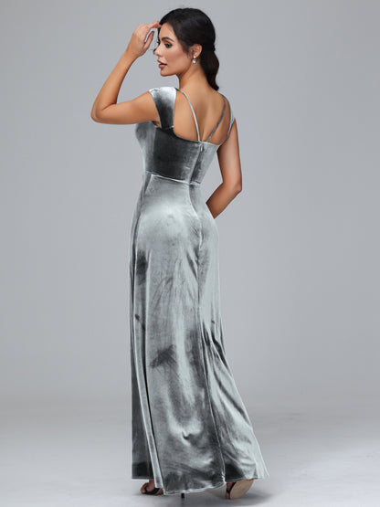 Cap Sleeves Velvet Bridesmaid Dress With Slit