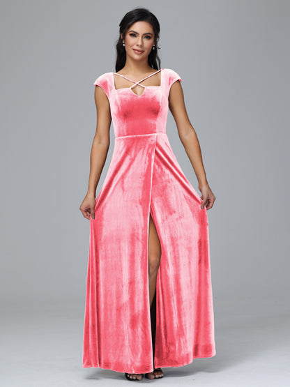 Cap Sleeves Velvet Bridesmaid Dress With Slit