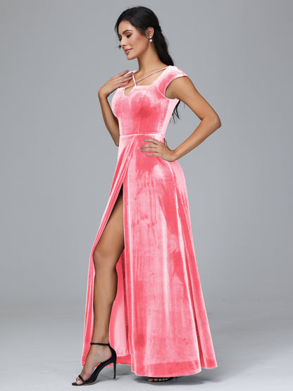 Cap Sleeves Velvet Bridesmaid Dress With Slit