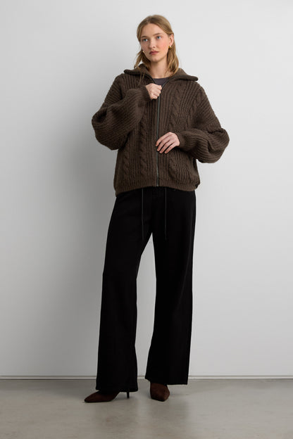 CABLE KNIT COLLARED CARDIGAN