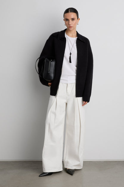 KNIT COLLARED ZIP-UP CARDIGAN