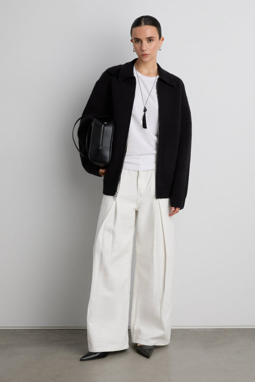 KNIT COLLARED ZIP-UP CARDIGAN