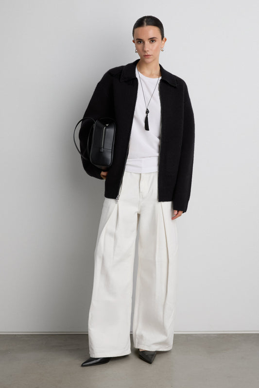 KNIT COLLARED ZIP-UP CARDIGAN