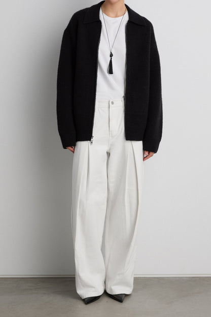 KNIT COLLARED ZIP-UP CARDIGAN