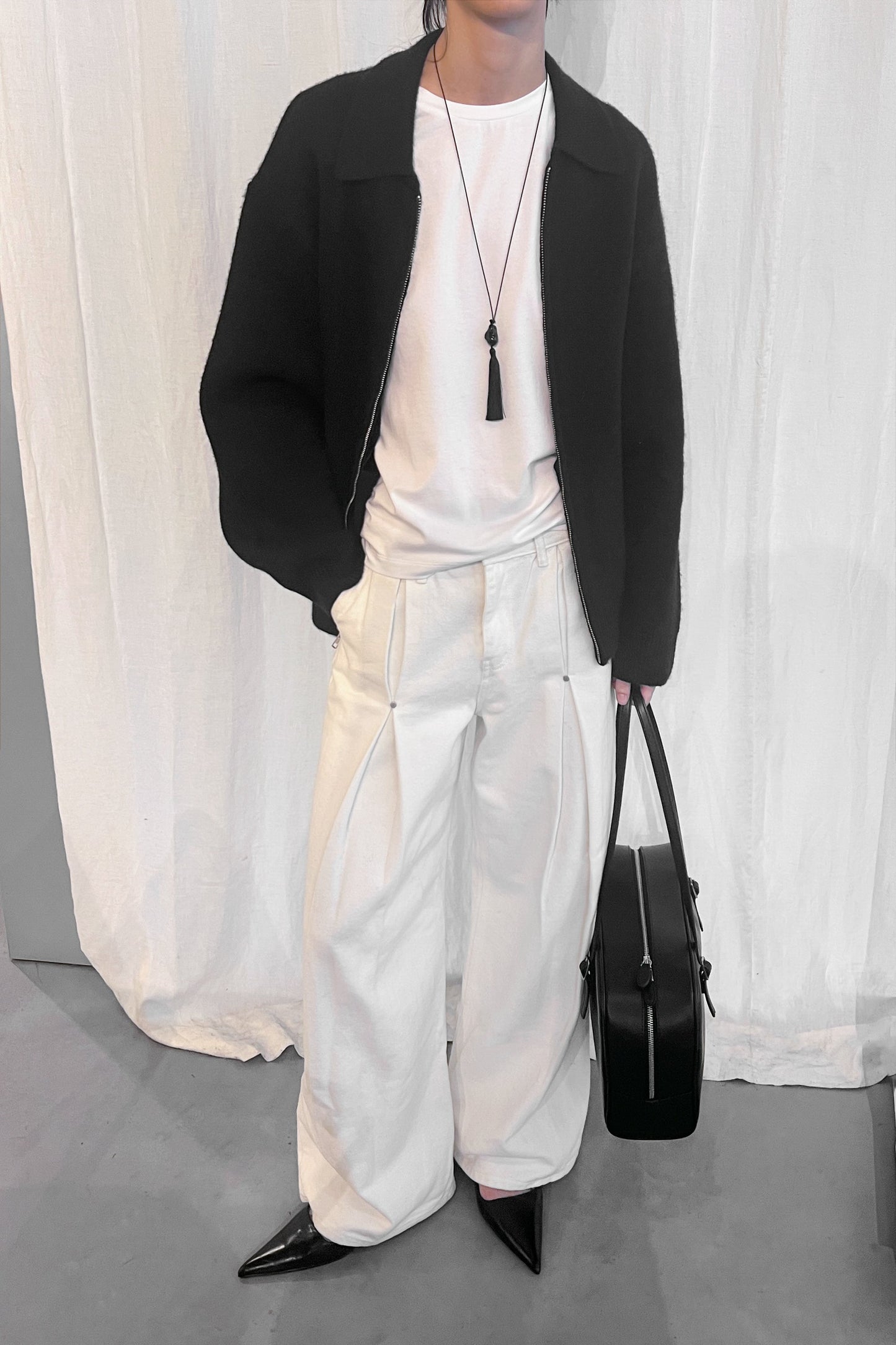 KNIT COLLARED ZIP-UP CARDIGAN