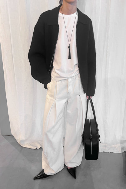 KNIT COLLARED ZIP-UP CARDIGAN