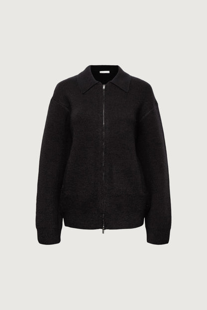 KNIT COLLARED ZIP-UP CARDIGAN