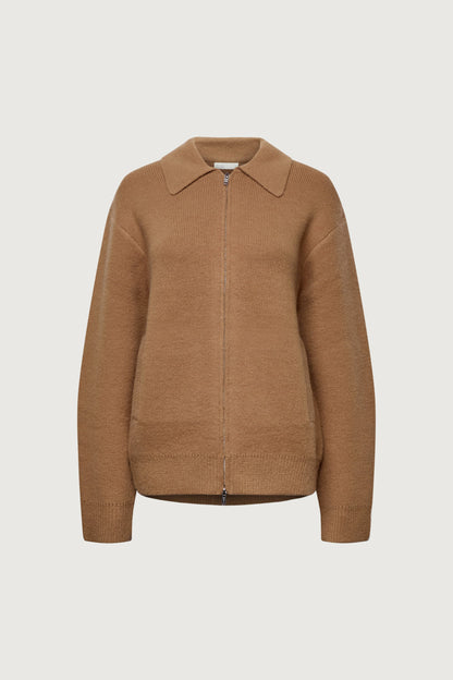 KNIT COLLARED ZIP-UP CARDIGAN