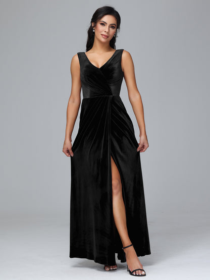 V Neck Velvet Plus Size Bridesmaid Dress With Slit