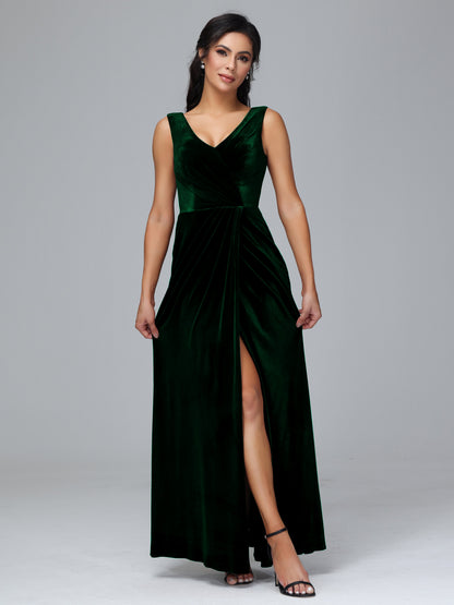 V Neck Velvet Plus Size Bridesmaid Dress With Slit