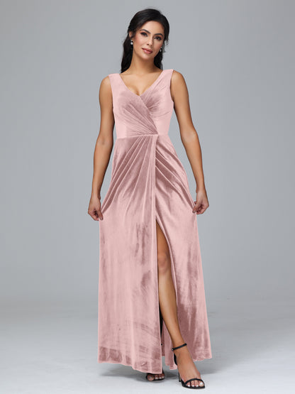 V Neck Velvet Plus Size Bridesmaid Dress With Slit