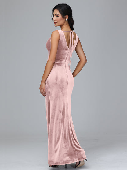 V Neck Velvet Plus Size Bridesmaid Dress With Slit