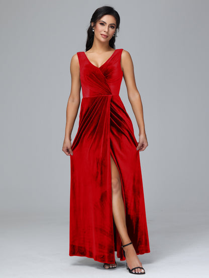 V Neck Velvet Plus Size Bridesmaid Dress With Slit