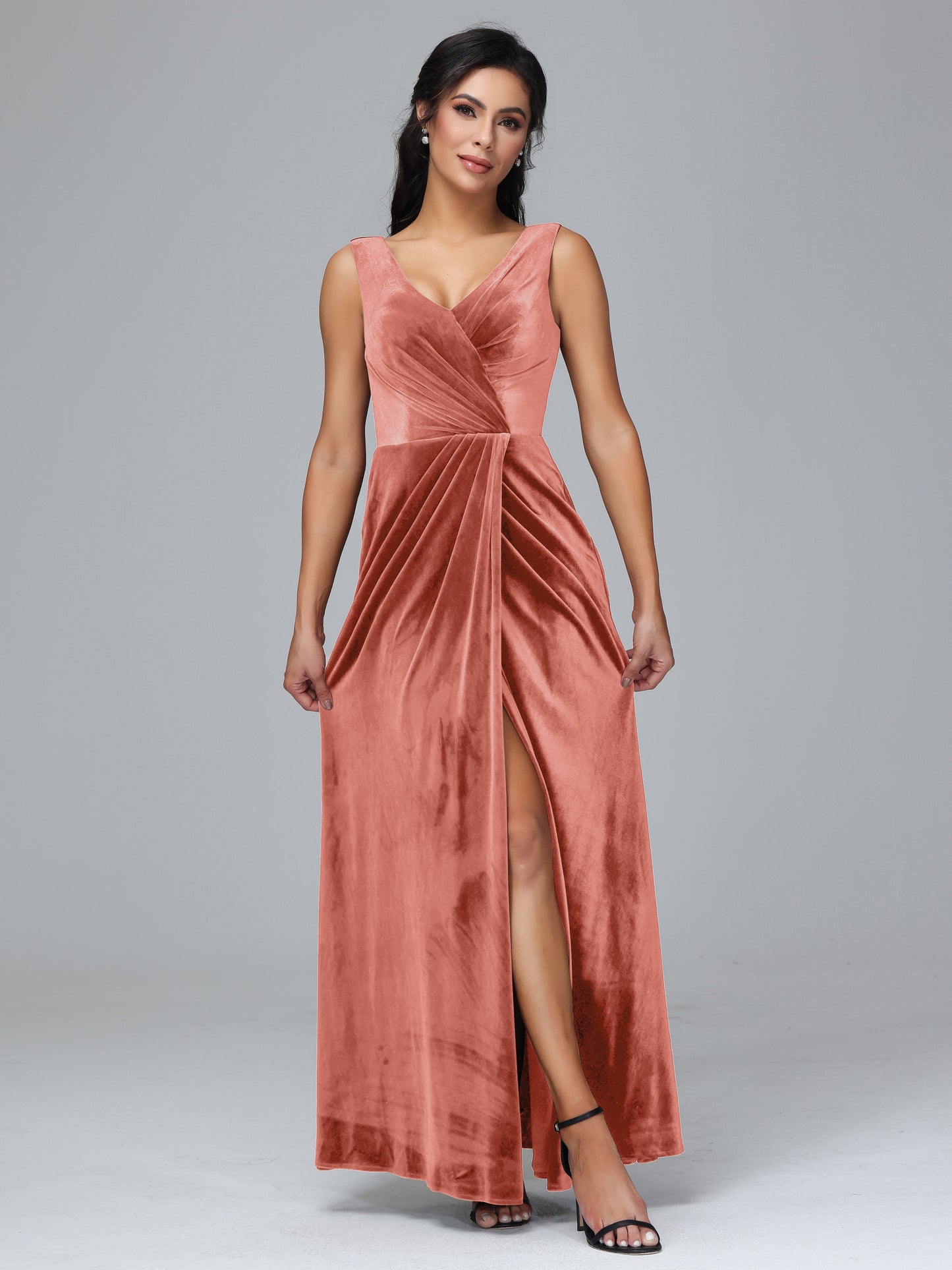 V Neck Velvet Plus Size Bridesmaid Dress With Slit