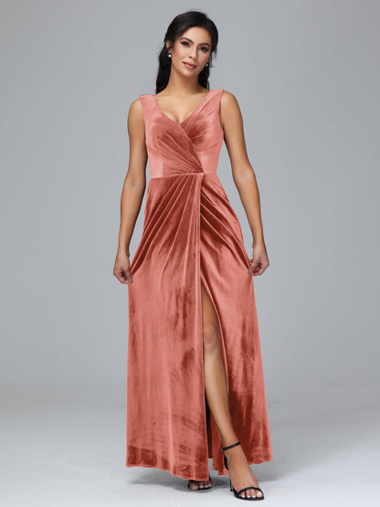 V Neck Velvet Plus Size Bridesmaid Dress With Slit