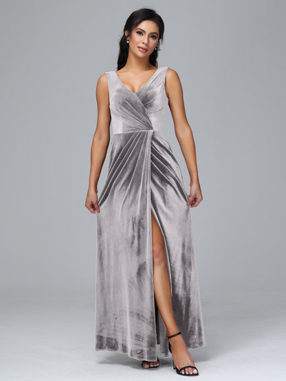 V Neck Velvet Plus Size Bridesmaid Dress With Slit