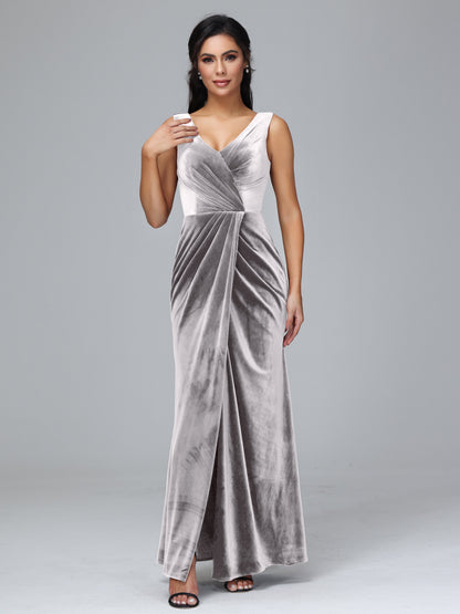 V Neck Velvet Plus Size Bridesmaid Dress With Slit