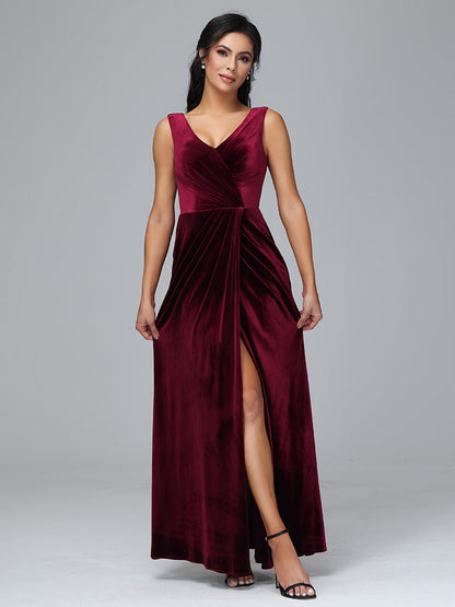 V Neck Velvet Plus Size Bridesmaid Dress With Slit