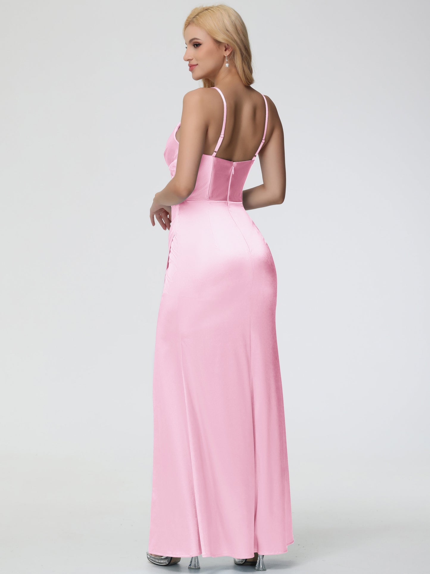Blush Pink Bridesmaid Dresses Charming Spaghetti Straps Pleated Stretch Satin Bridesmaid Dress With Slit