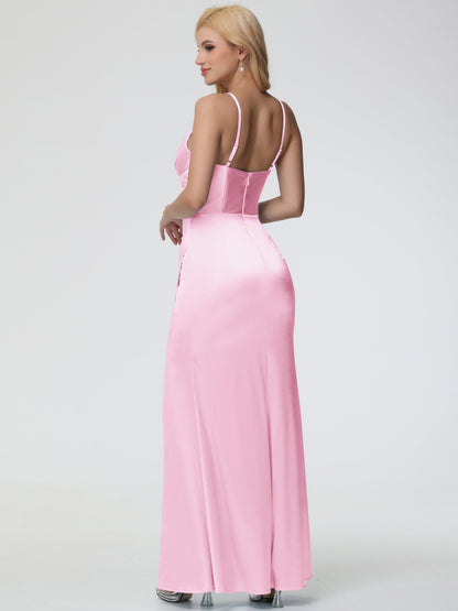 Blush Pink Bridesmaid Dresses Charming Spaghetti Straps Pleated Stretch Satin Bridesmaid Dress With Slit