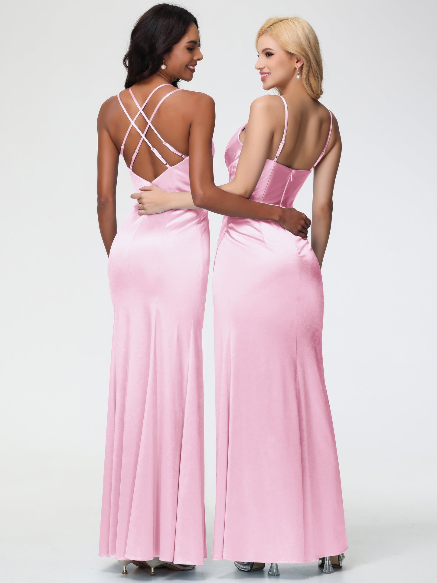 Blush Pink Bridesmaid Dresses Charming Spaghetti Straps Pleated Stretch Satin Bridesmaid Dress With Slit