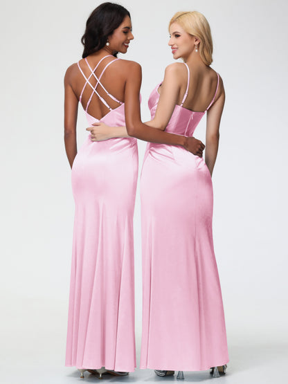 Blush Pink Bridesmaid Dresses Charming Spaghetti Straps Pleated Stretch Satin Bridesmaid Dress With Slit