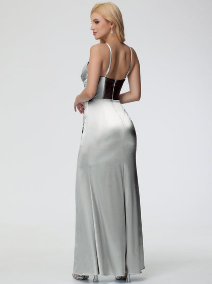 Bridesmaids Dresses Silver Charming Spaghetti Straps Pleated Stretch Satin Bridesmaid Dress With Slit