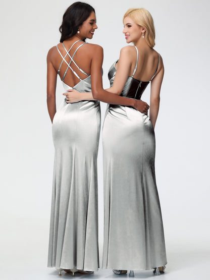 Bridesmaids Dresses Silver Charming Spaghetti Straps Pleated Stretch Satin Bridesmaid Dress With Slit