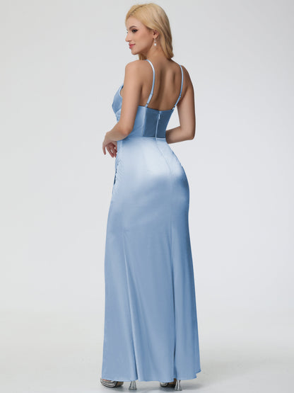 Bridesmaid Sky Blue Dresses Charming Spaghetti Straps Pleated Stretch Satin Bridesmaid Dress With Slit