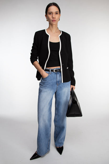 CONTRAST TRIM BUTTON FRONT COLLARLESS BLAZER