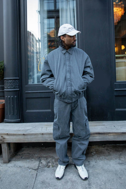 WASHED EFFECT COTTON UTILITY BOMBER JACKET