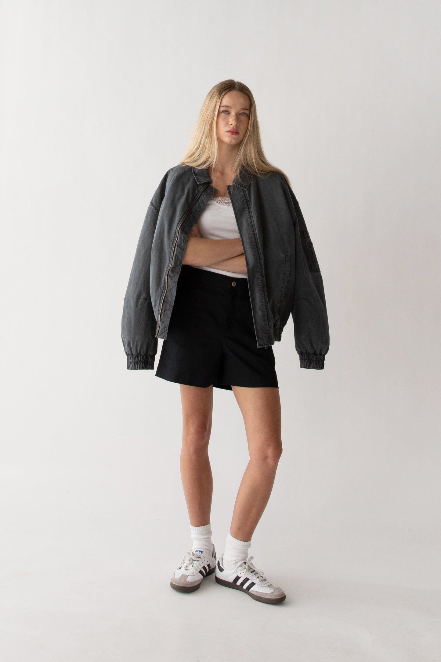 WASHED EFFECT COTTON UTILITY BOMBER JACKET