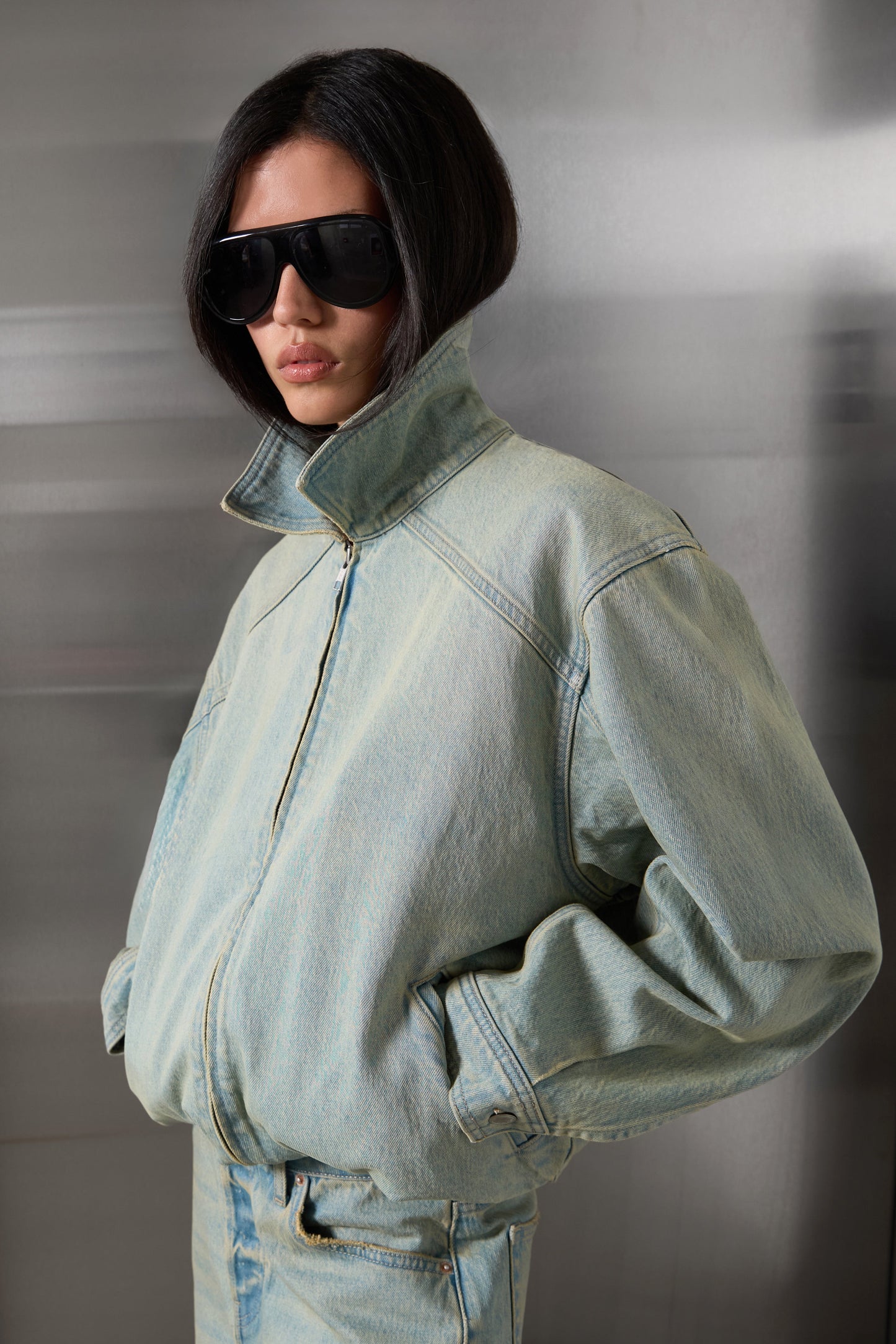 COLLARED DENIM BOMBER JACKET
