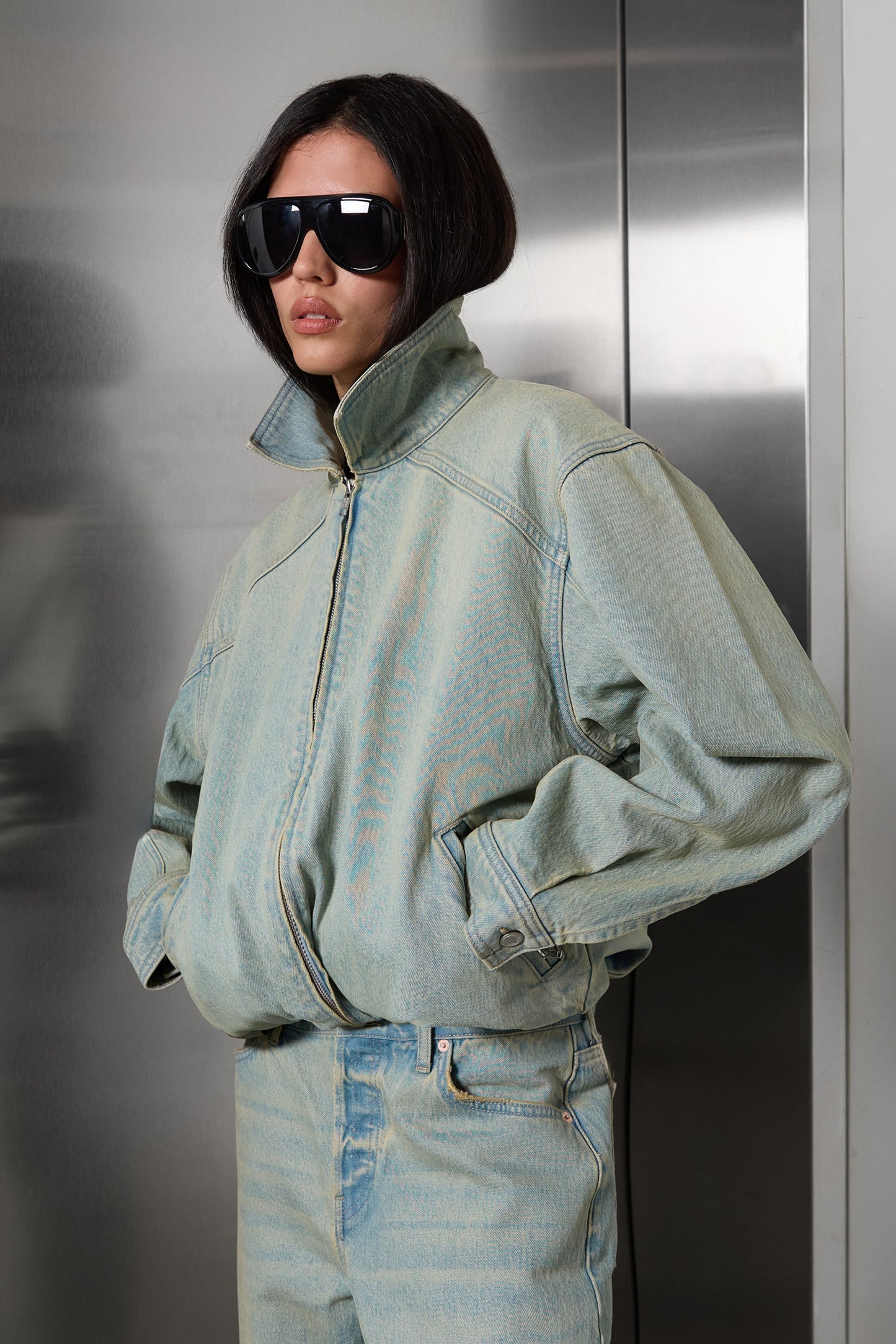 COLLARED DENIM BOMBER JACKET