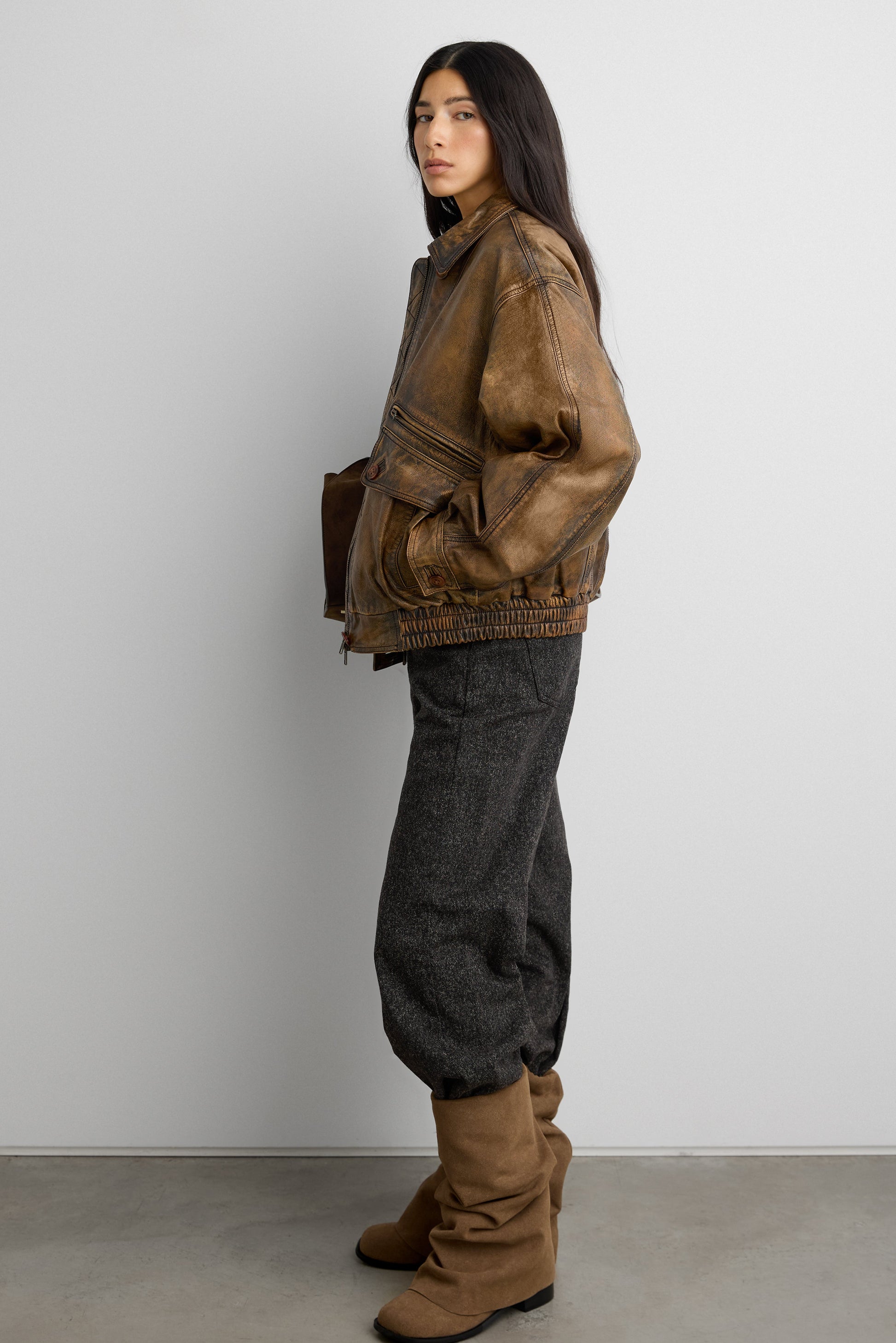 GENUINE LEATHER BROWN DISTRESSED BOMBER JACKET