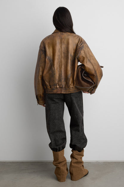 GENUINE LEATHER BROWN DISTRESSED BOMBER JACKET
