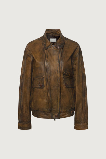 GENUINE LEATHER BROWN DISTRESSED BOMBER JACKET