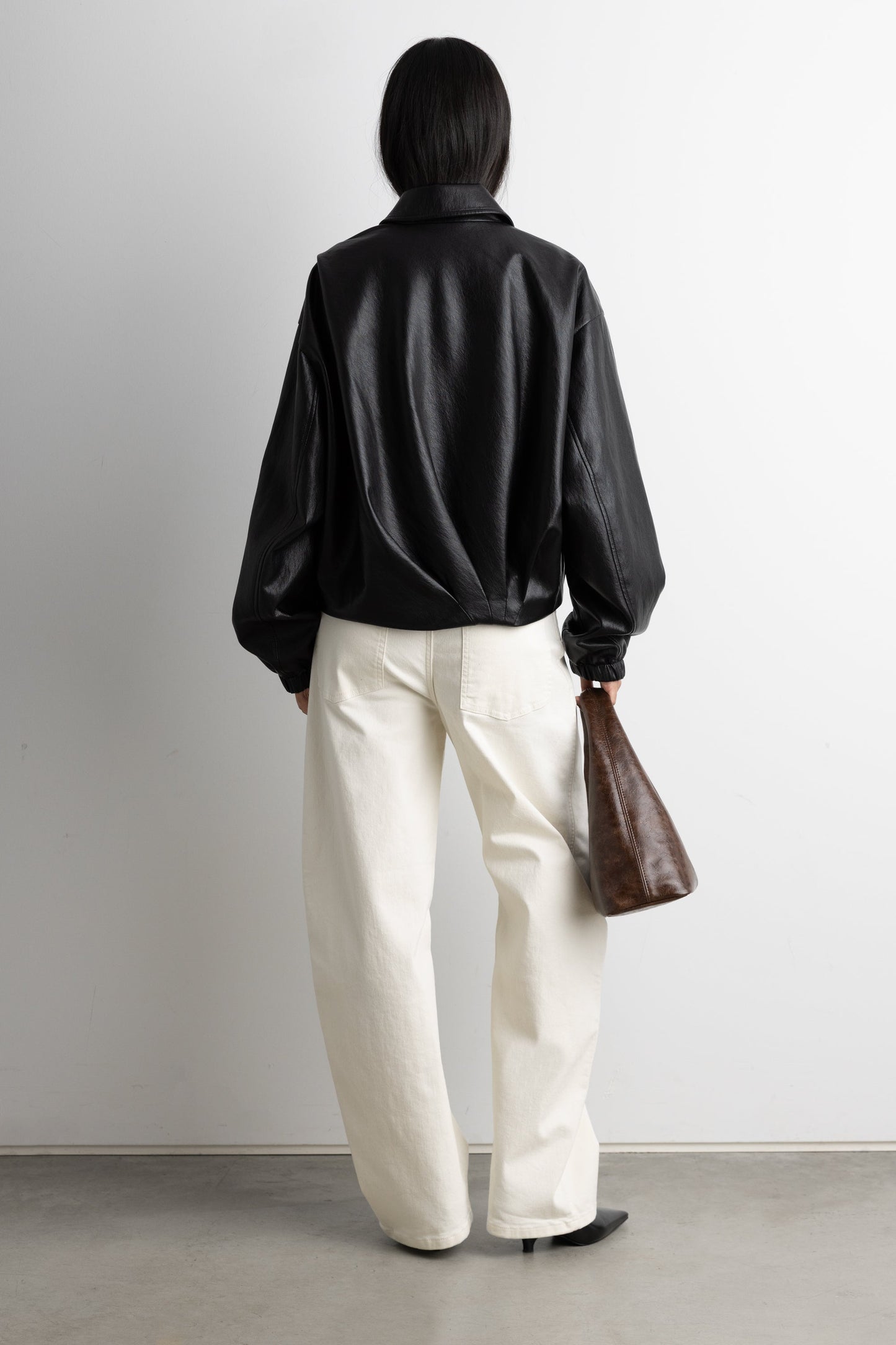 PUFFED VEGAN LEATHER BOMBER JACKET WITH PLEATS