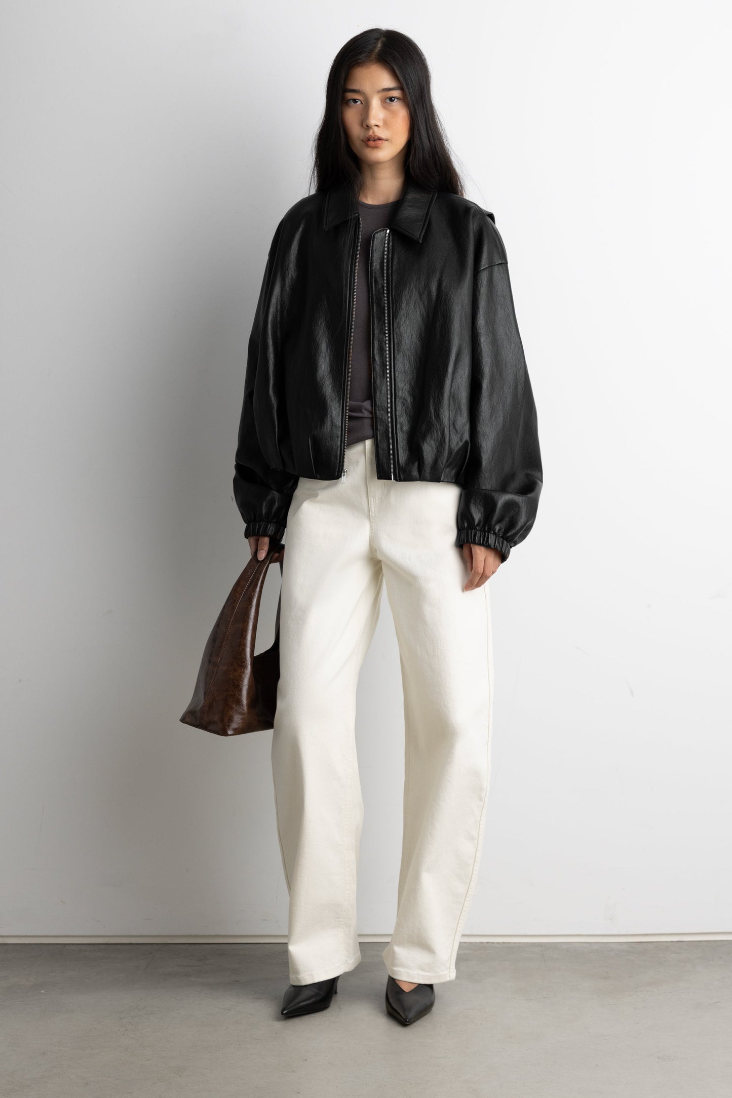 PUFFED VEGAN LEATHER BOMBER JACKET WITH PLEATS