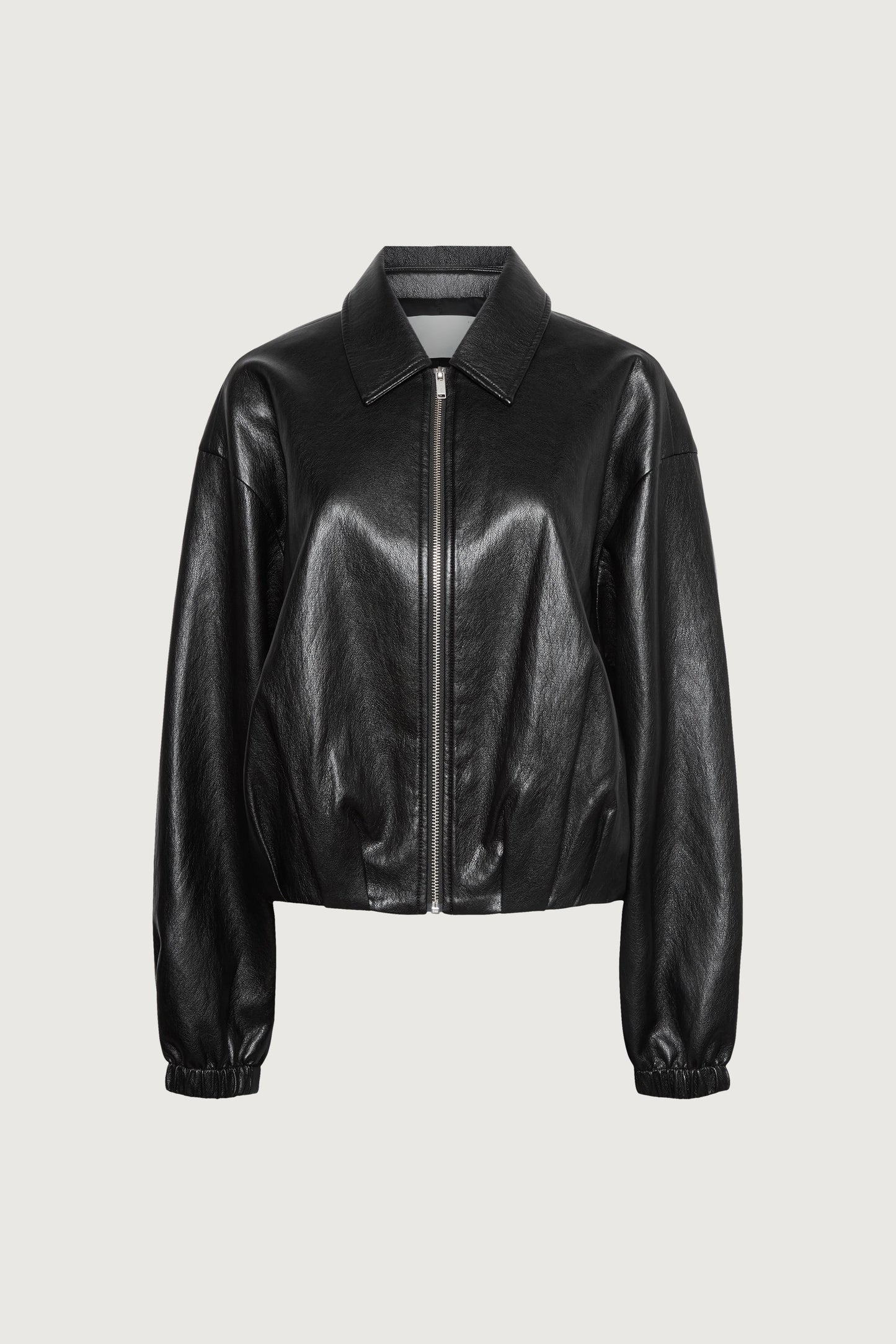 PUFFED VEGAN LEATHER BOMBER JACKET WITH PLEATS