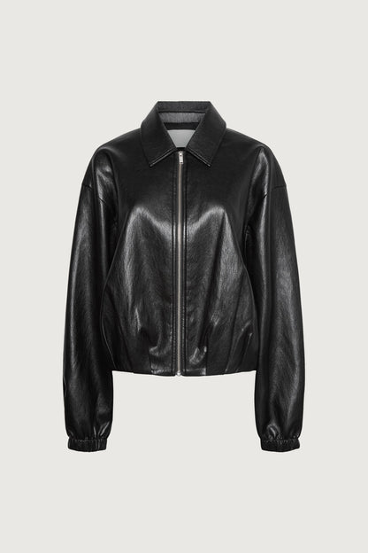 PUFFED VEGAN LEATHER BOMBER JACKET WITH PLEATS