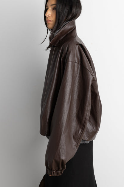 PUFFED VEGAN LEATHER BOMBER JACKET WITH PLEATS