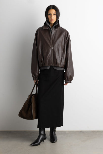 PUFFED VEGAN LEATHER BOMBER JACKET WITH PLEATS