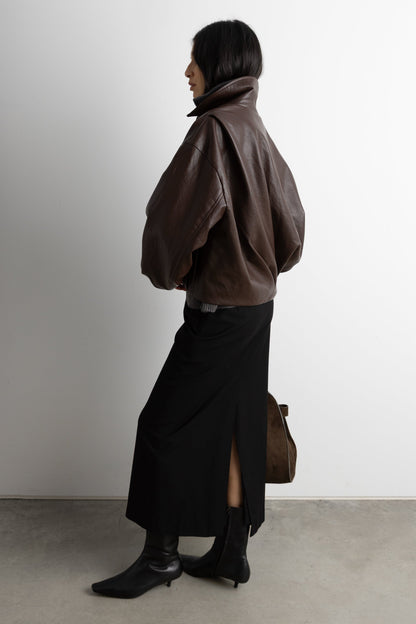 PUFFED VEGAN LEATHER BOMBER JACKET WITH PLEATS