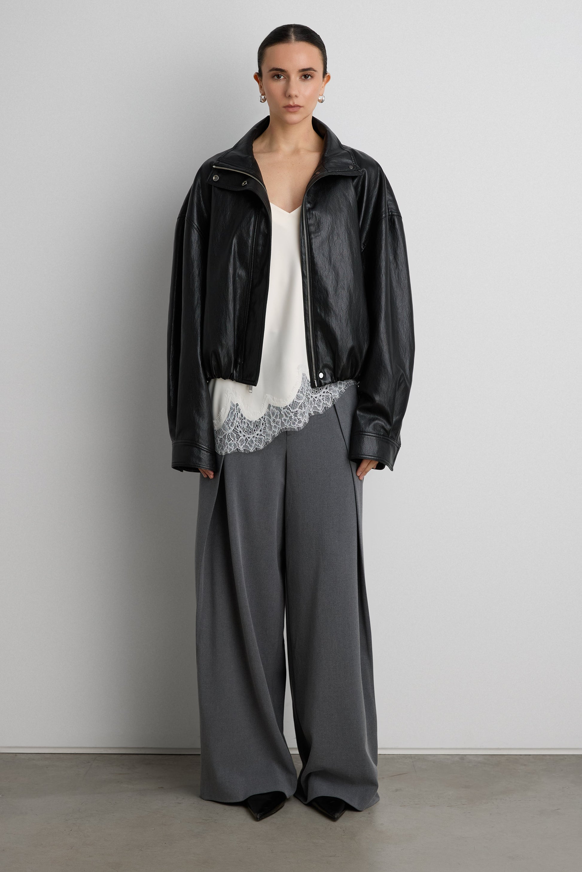 VEGAN LEATHER FUNNEL NECK JACKET