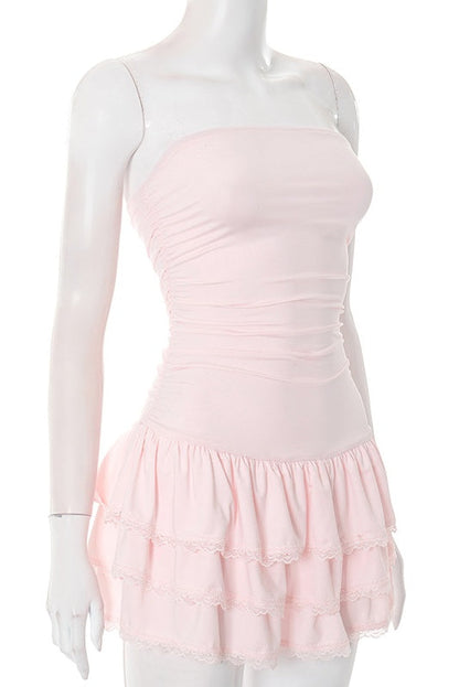 Pink Strapless Short Ruffle Dress