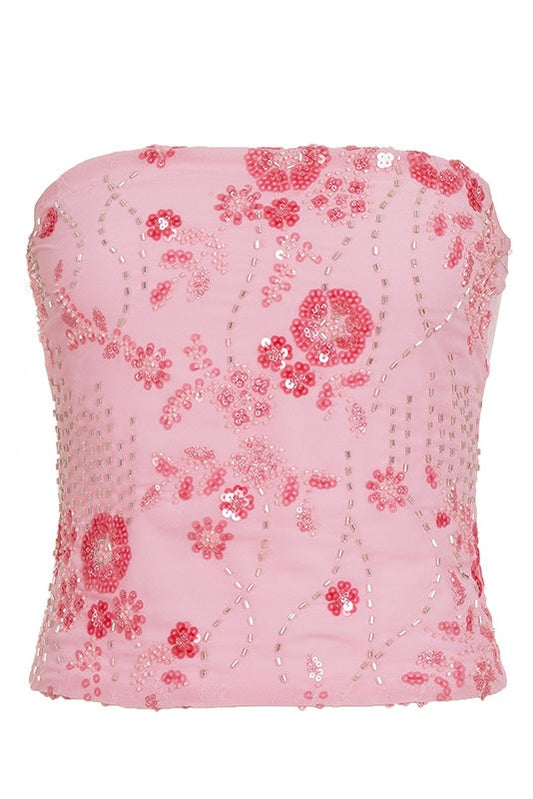 Pink Sequin Strapless Crop Top