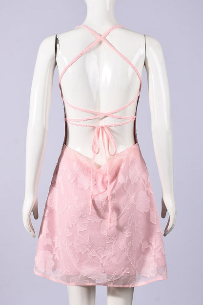 Pink Spaghetti Straps Printed Mini Dress